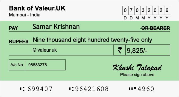 How to write a cheque for 9,825 rupees