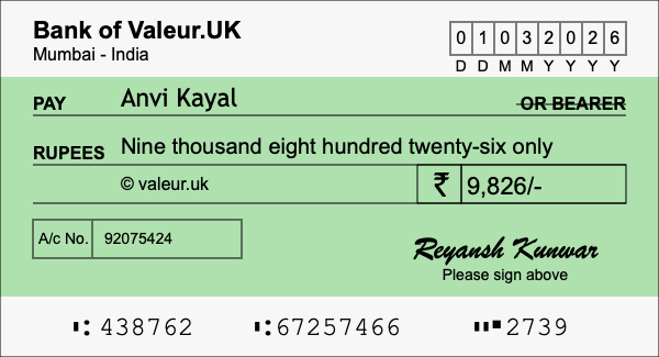 How to write a cheque for 9,826 rupees