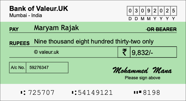 How to write a cheque for 9,832 rupees How to write a cheque for 9,832 rupees