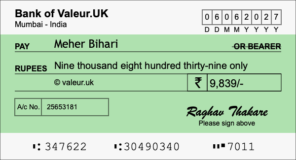 How to write a cheque for 9,839 rupees How to write a cheque for 9,839 rupees