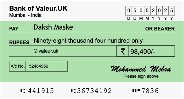 How to write a cheque for 98,400 rupees How to write a cheque for 98,400 rupees
