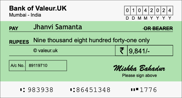 How to write a cheque for 9,841 rupees