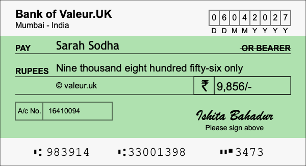 How to write a cheque for 9,856 rupees