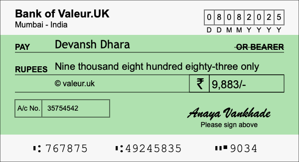 How to write a cheque for 9,883 rupees