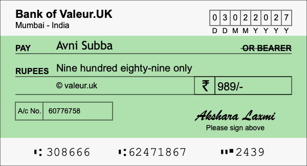 How to write a cheque for 989 rupees