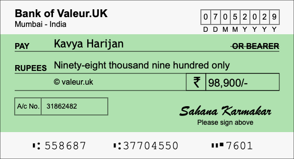 How to write a cheque for 98,900 rupees