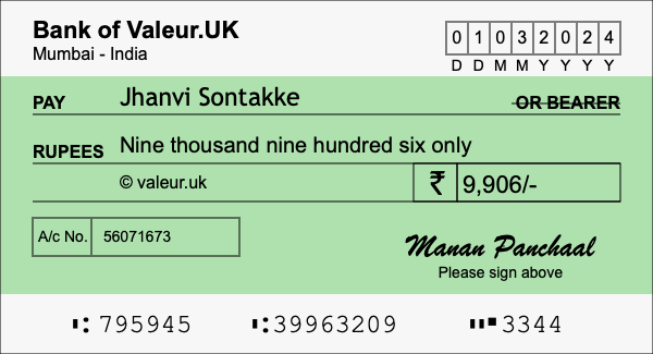 How to write a cheque for 9,906 rupees