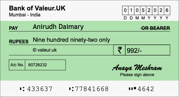 How to write a cheque for 992 rupees