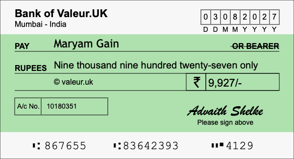 How to write a cheque for 9,927 rupees