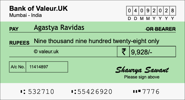 How to write a cheque for 9,928 rupees