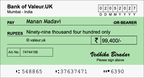 How to write a cheque for 99,400 rupees How to write a cheque for 99,400 rupees