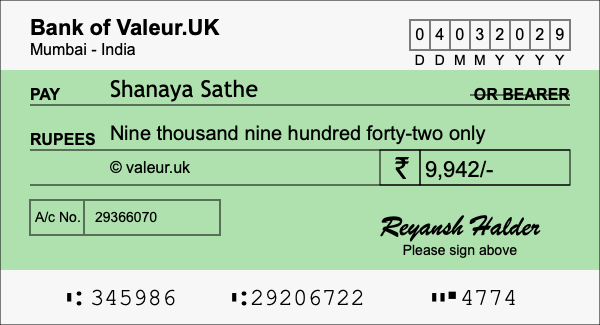 How to write a cheque for 9,942 rupees