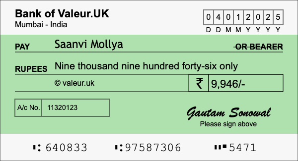How to write a cheque for 9,946 rupees