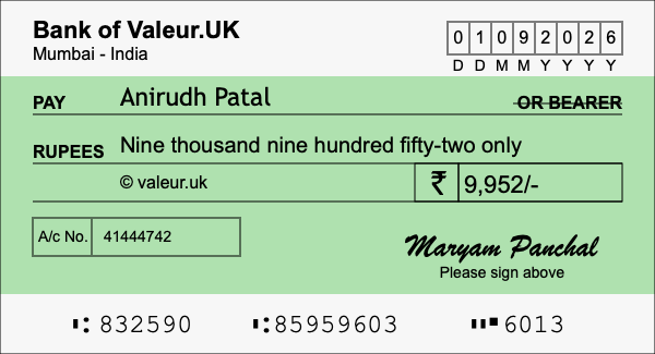 How to write a cheque for 9,952 rupees