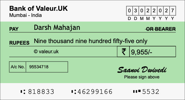 How to write a cheque for 9,955 rupees