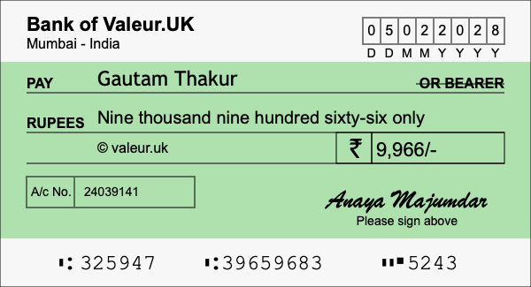 How to write a cheque for 9,966 rupees