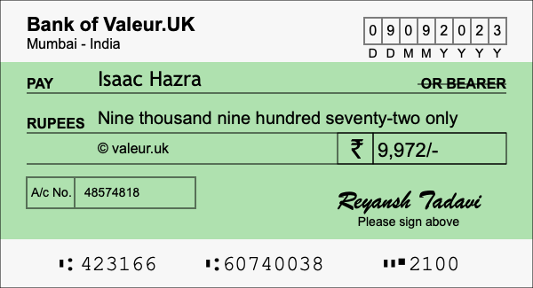 How to write a cheque for 9,972 rupees How to write a cheque for 9,972 rupees