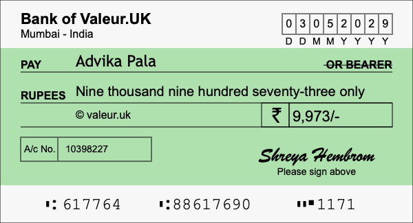 How to write a cheque for 9,973 rupees