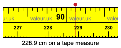 228.9 cm on a tape measure 228.9 centimeters on a tape measure