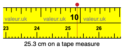 25.3 cm on a tape measure 25.3 centimeters on a tape measure
