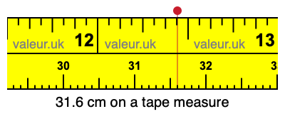 31.6 cm on a tape measure 31.6 centimeters on a tape measure